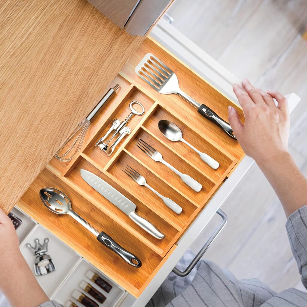 bamboo drawer organizer for kitchen utensils and cutlery organization