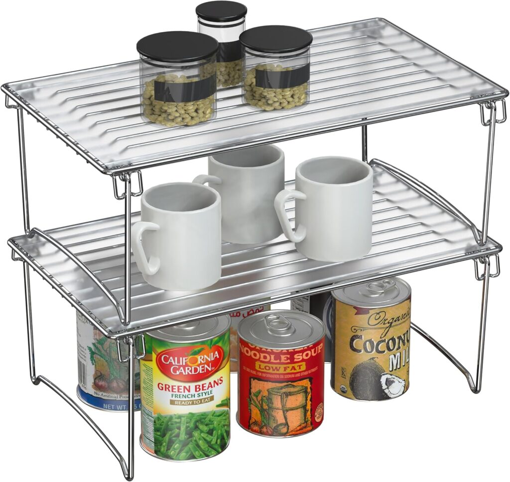 stackable cabinet shelf organizer creating extra kitchen storage space